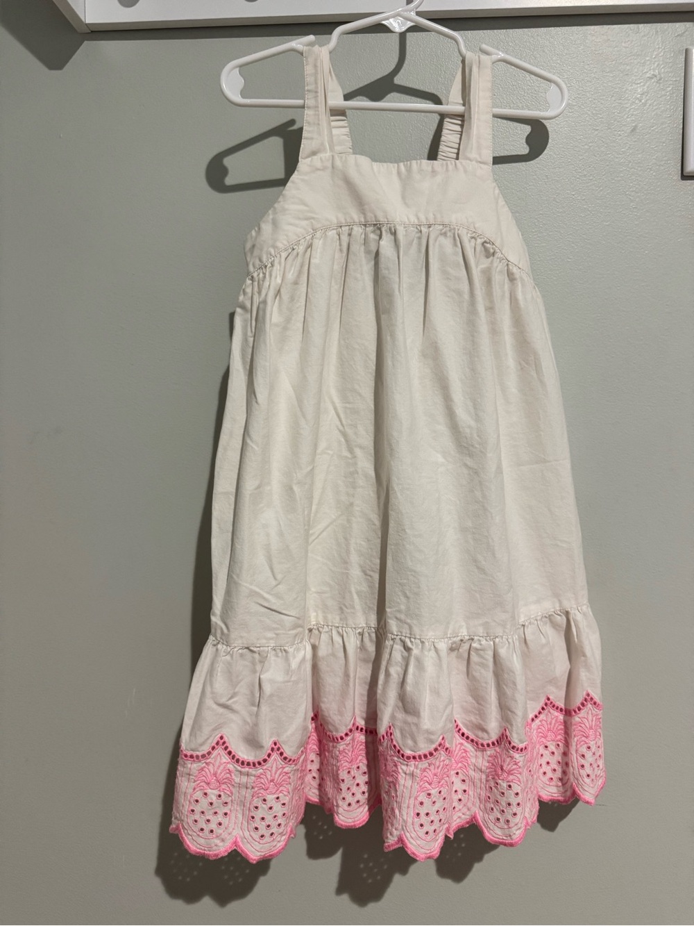 Girls size 6/7-White Cotton Sundress with Pink Pineapple Embroidered Hem